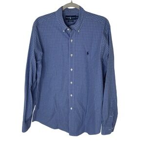Ralph Lauren Mens Classic Fit Button Down Shirt Blue Check 16.5 34/35 Cotton